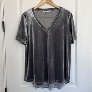 Joy Joy Women’s V-neck Short Sleeve Velvet Top Metallic Grey XL